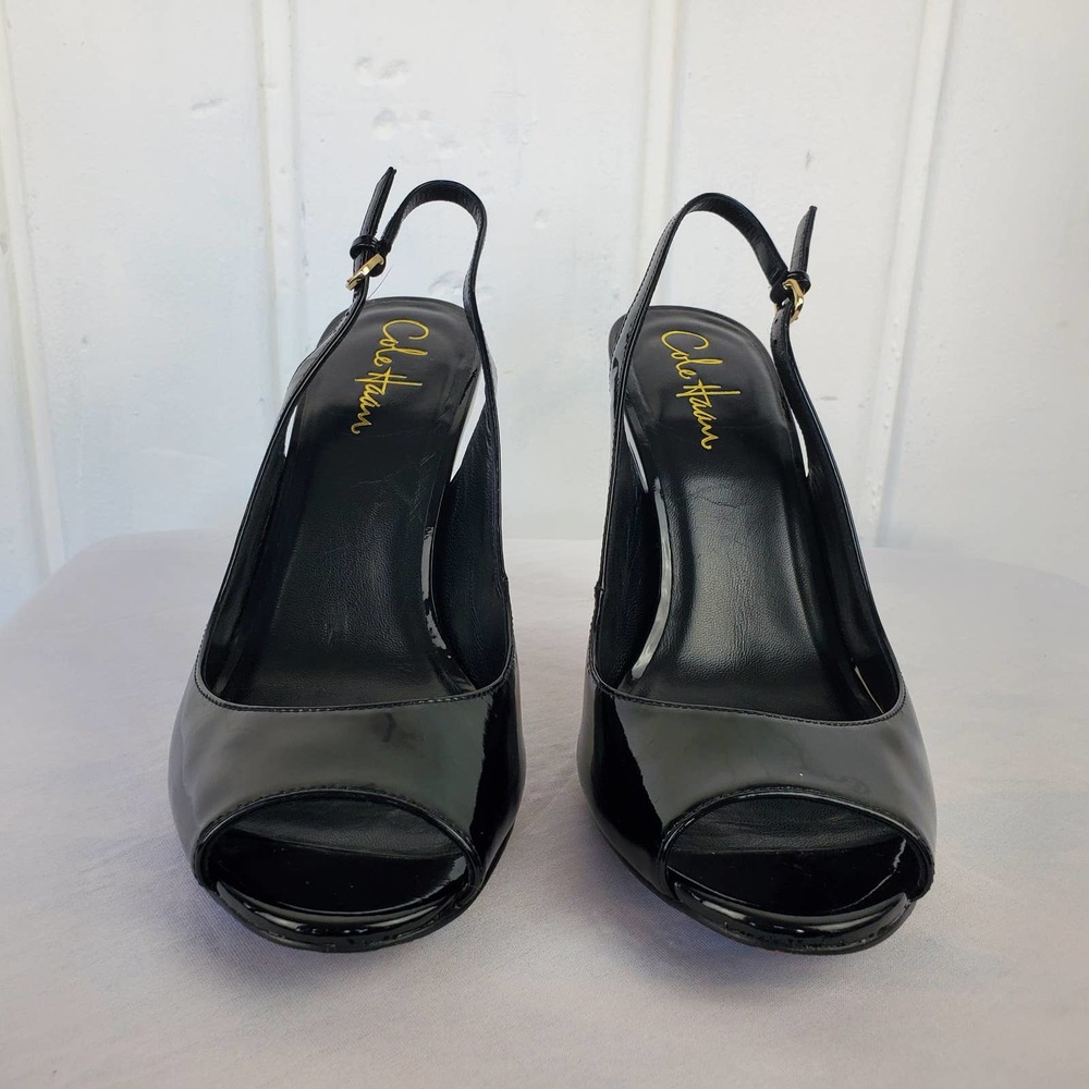 Cole Haan Nike Air Black Patent Leather Sling Back Peep Toe Stiletto Heels 7.5AA